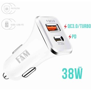 CARREGADOR VEICULAR 1 USB CARGA RÁPIDA + 1 USB TIPO C - PD 20W