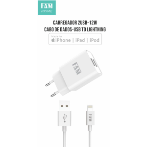 KIT CARREGADOR COM CABO LIGHTNING 2 USB 12W FKT-M128 ANATEL