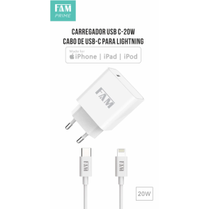 KIT CARREGADOR COM CABO LIGHTNING/TIPO C 1 USB 20W FKT-M203 ANATEL