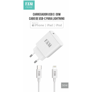 KIT CARREGADOR COM CABO LIGHTNING/TIPO C 1 USB 30W FKT-M305 ANATEL