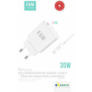 KIT CARREGADOR COM CABO LIGHTNING/TIPO C 1 USB 30W FKT-PD305 ANATEL
