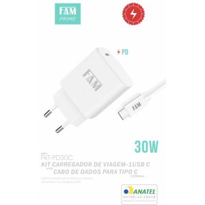 KIT CARREGADOR COM CABO TPC/TPC 1 USB 30W FKT-PD30C ANATEL