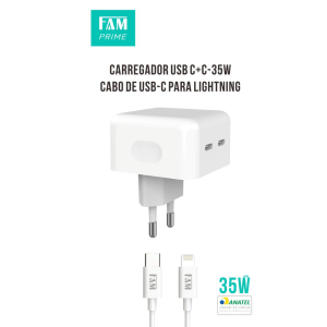 KIT CARREGADOR COM CABO LIGHTNING/TIPO C 2 USB 35W FKT-PD565 ANATEL