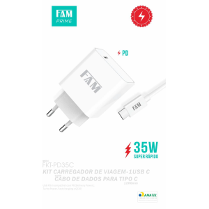 KIT CARREGADOR + CABO TIPO C/TIPO C 1 USB 35W FKT-PD35C FAM