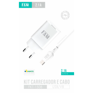 KIT CARREGADOR V8 1 USB 2.1A FKT-1508 ANATEL