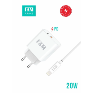 KIT CARREGADOR COM CABO LIGHTNING/TIPO C 2 USB 20W FKT-PD295 ANATEL